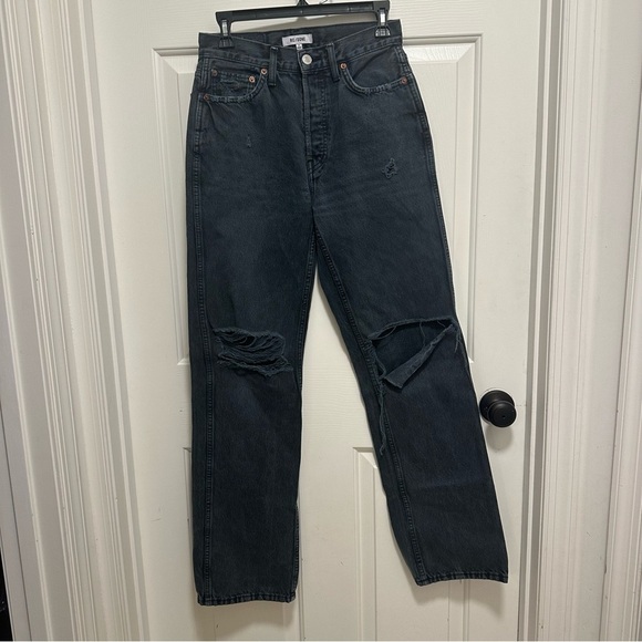 RE/DONE High Rise Loose Distressed Washed Black Denim Jeans Size 26 - Picture 2 of 6